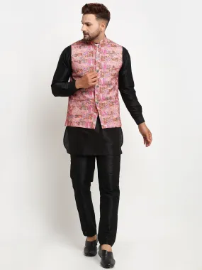 Men's Silk Blend Black Kurta With Pyjama & Pink Printed Nehru Jacket - Benstoke