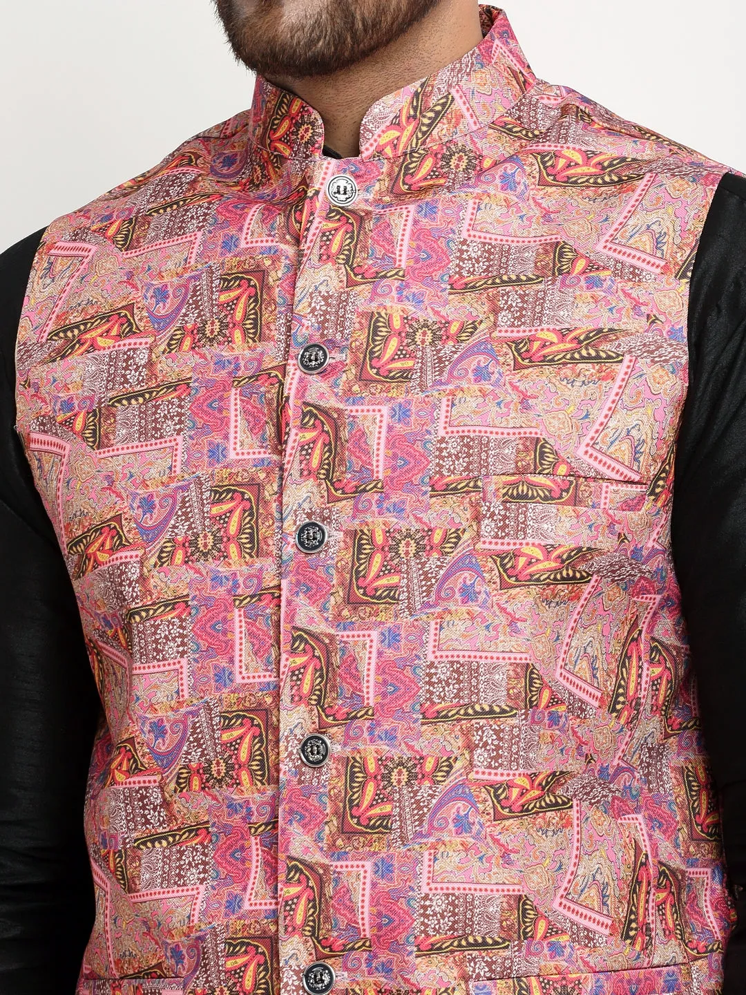 Men's Silk Blend Black Kurta With Pyjama & Pink Printed Nehru Jacket - Benstoke