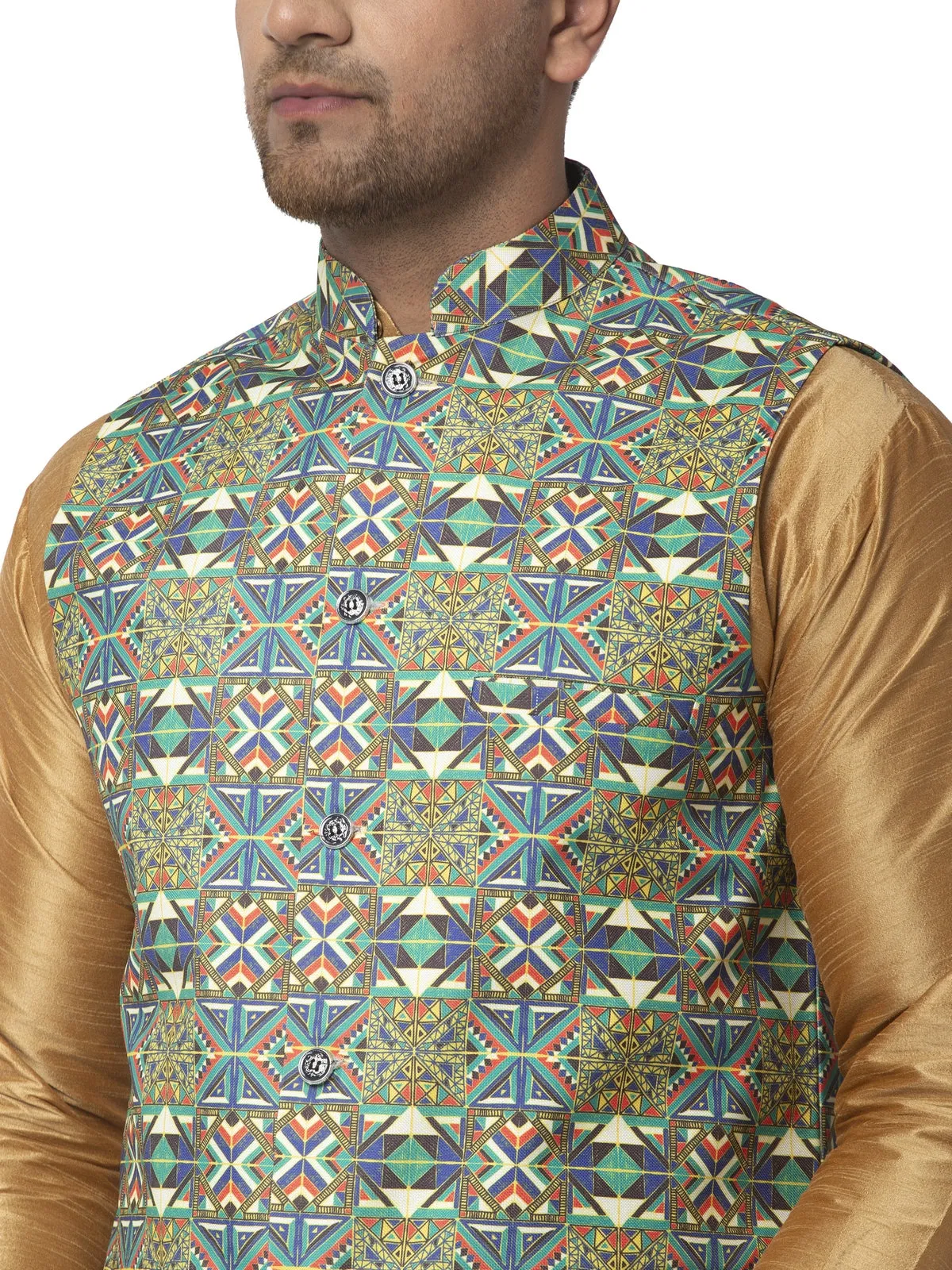 Men's Silk Blend Copper Kurta With Pyjama & Blue Printed Nehru Jacket - Benstoke