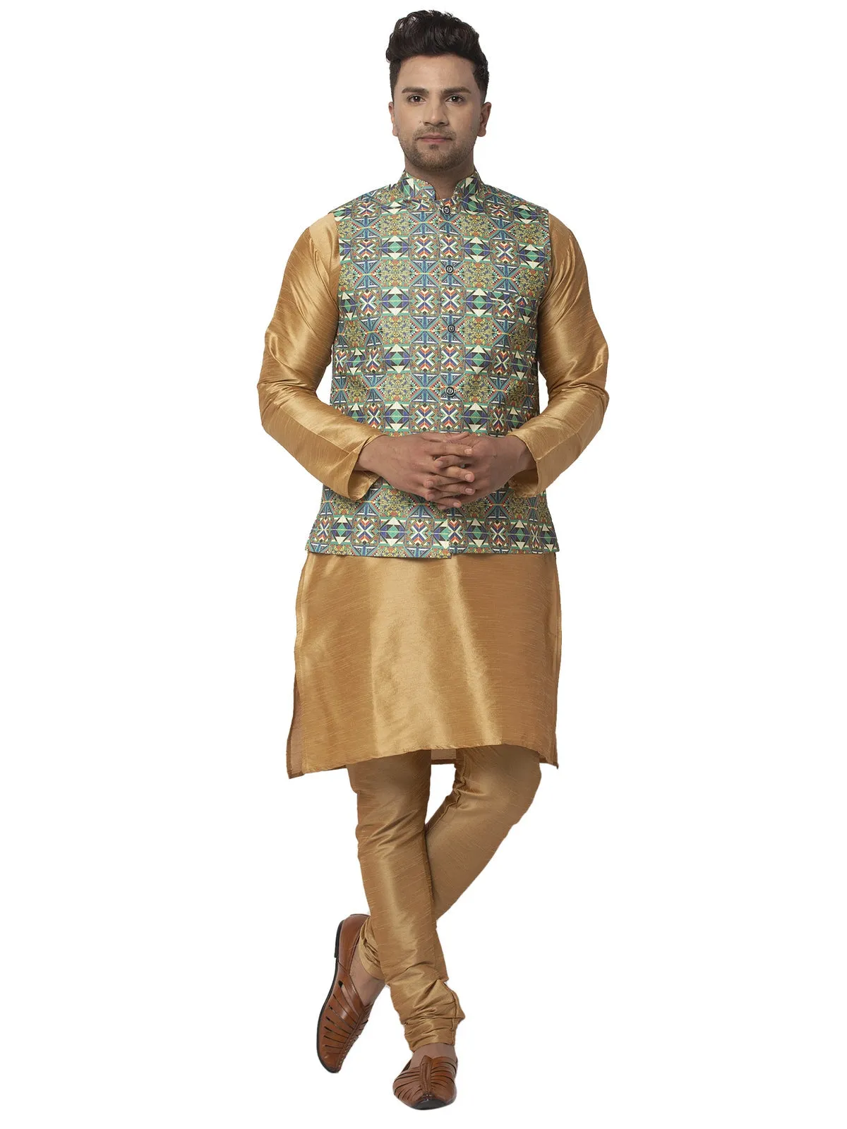 Men's Silk Blend Copper Kurta With Pyjama & Blue Printed Nehru Jacket - Benstoke