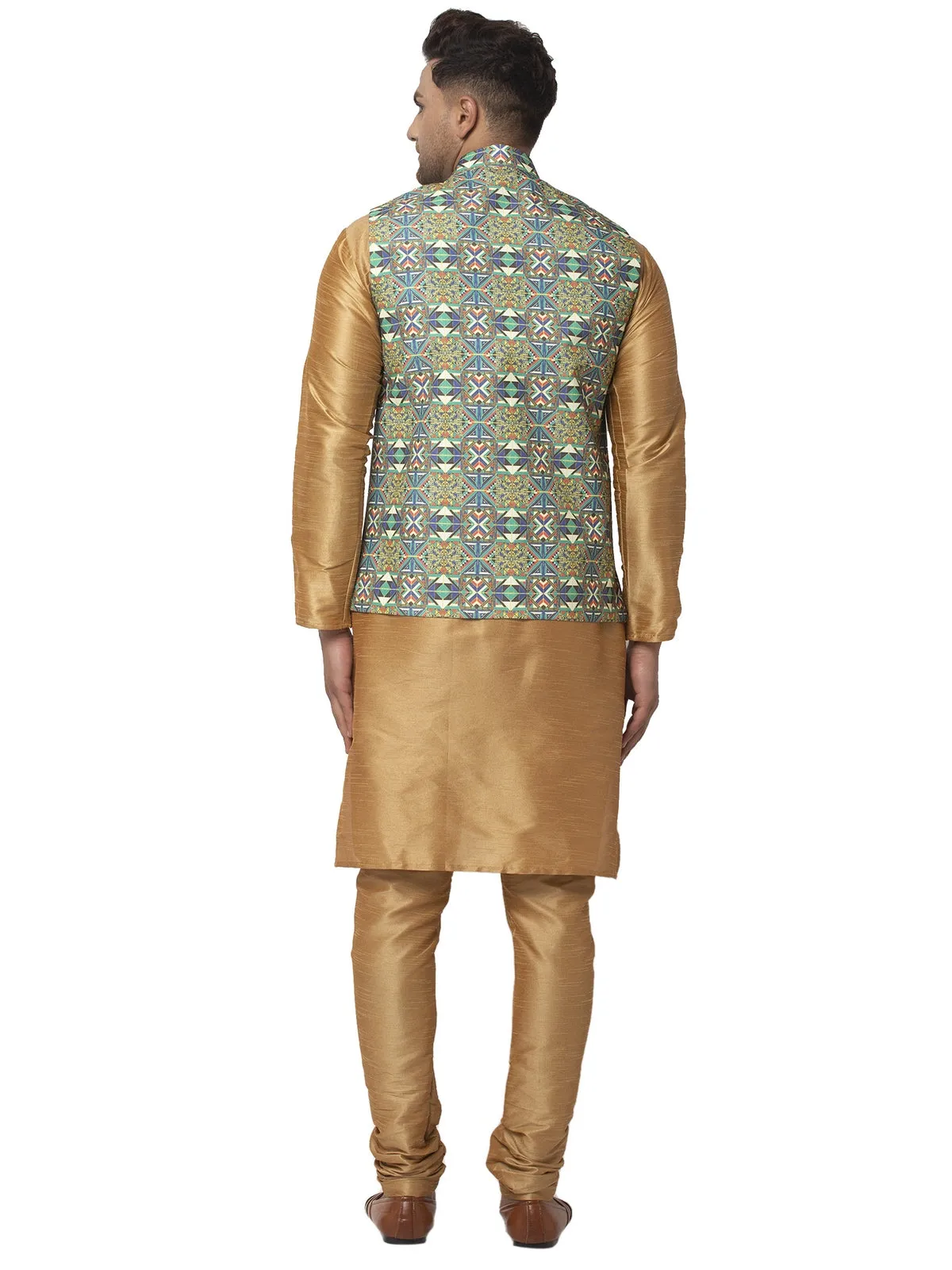 Men's Silk Blend Copper Kurta With Pyjama & Blue Printed Nehru Jacket - Benstoke