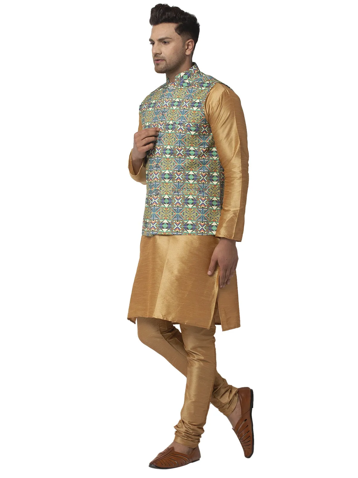 Men's Silk Blend Copper Kurta With Pyjama & Blue Printed Nehru Jacket - Benstoke