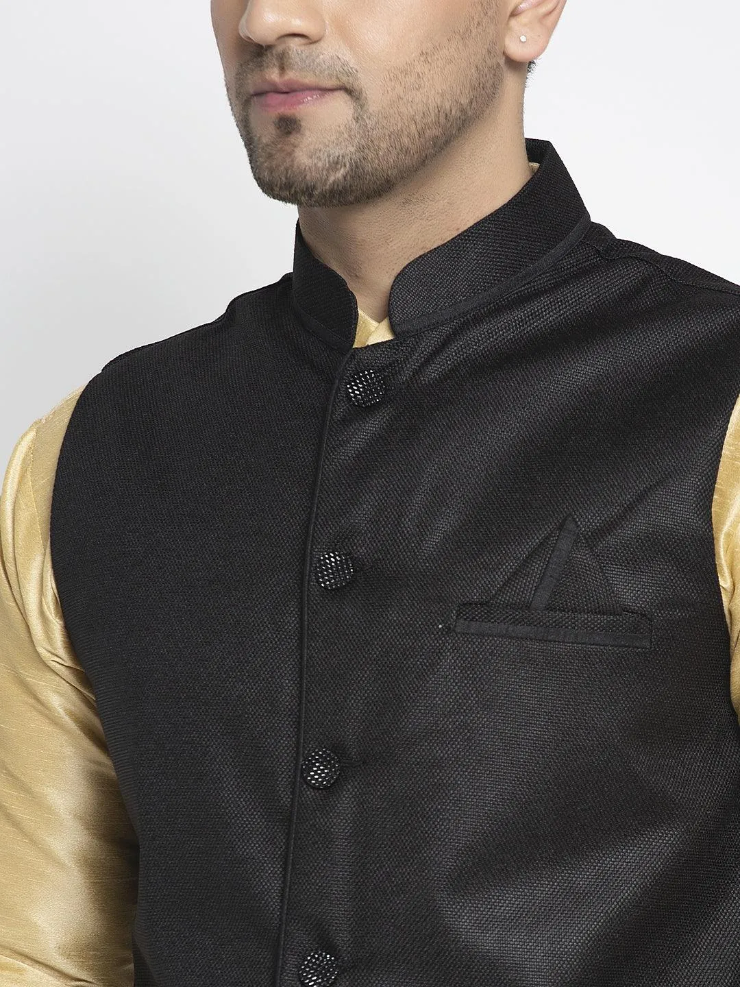 Men's Silk Blend Gold Kurta With Pyjama & Black Nehru Jacket - Benstoke