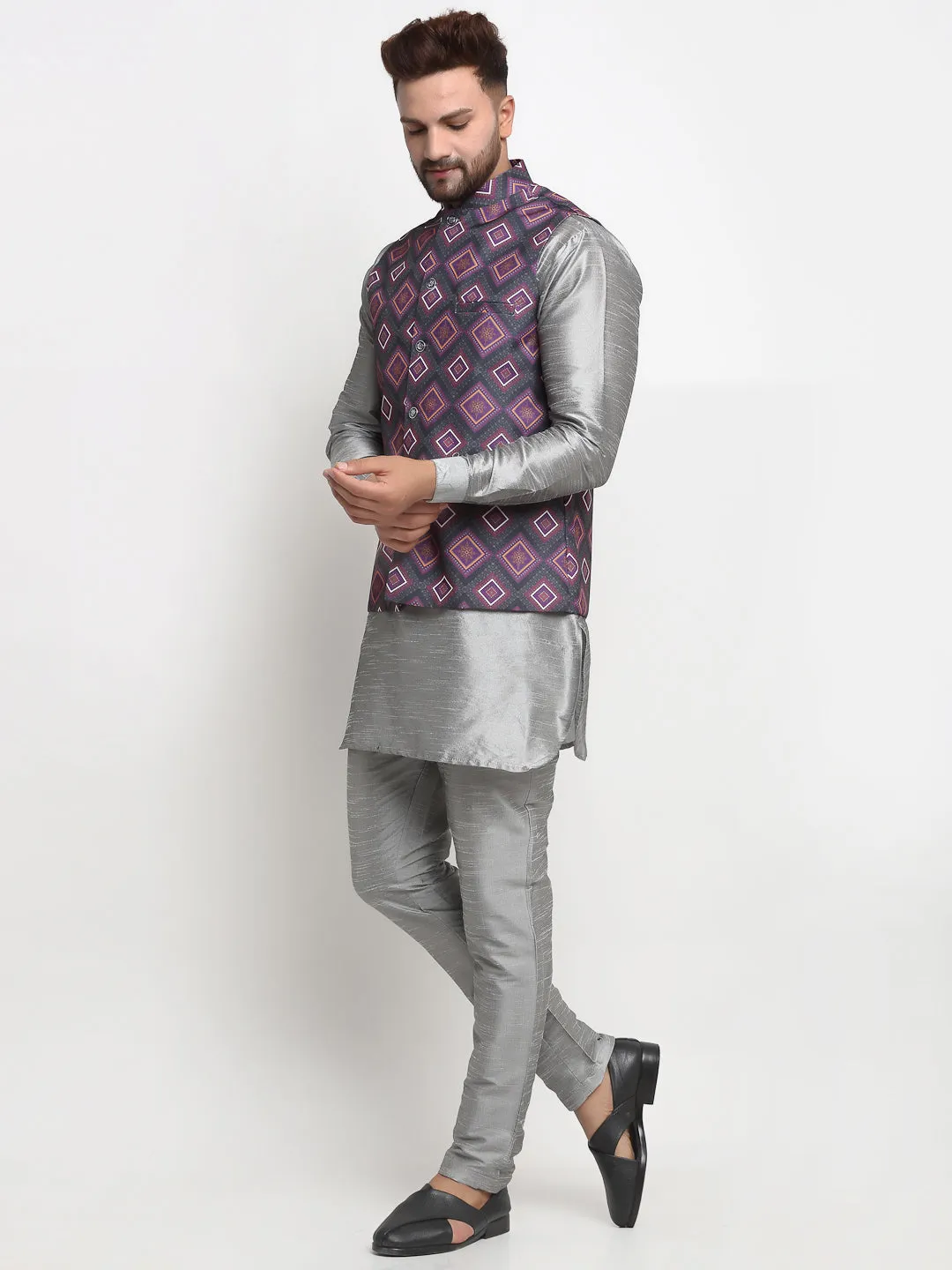 Men's Silk Blend Grey Kurta With Pyjama & Purple Printed Nehru Jacket - Benstoke