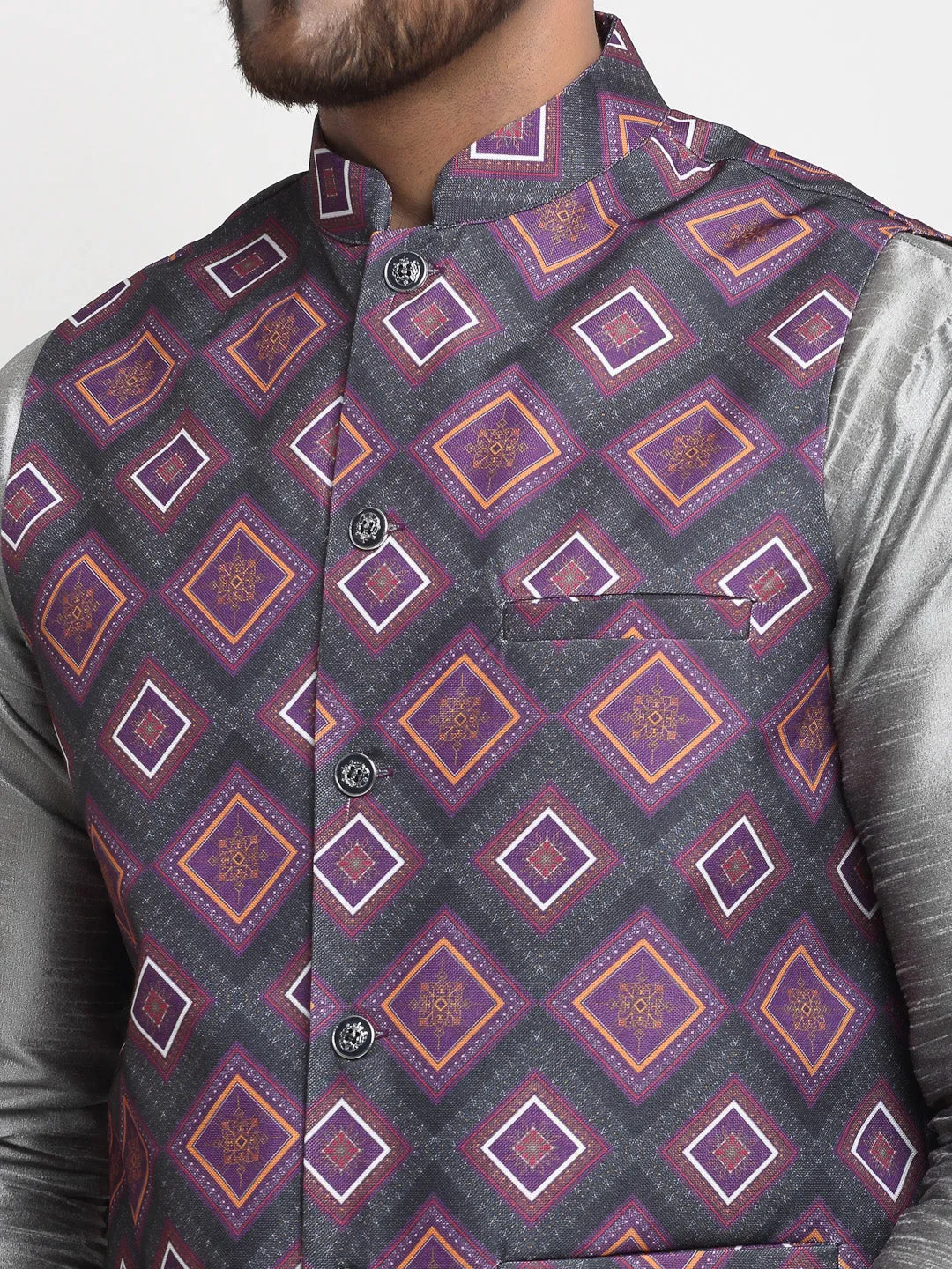 Men's Silk Blend Grey Kurta With Pyjama & Purple Printed Nehru Jacket - Benstoke