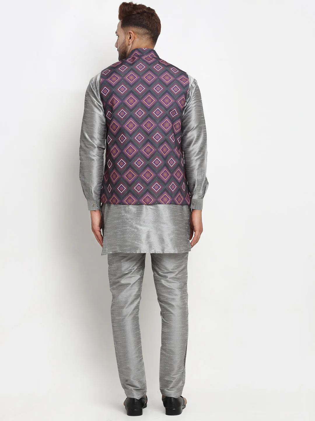 Men's Silk Blend Grey Kurta With Pyjama & Purple Printed Nehru Jacket - Benstoke