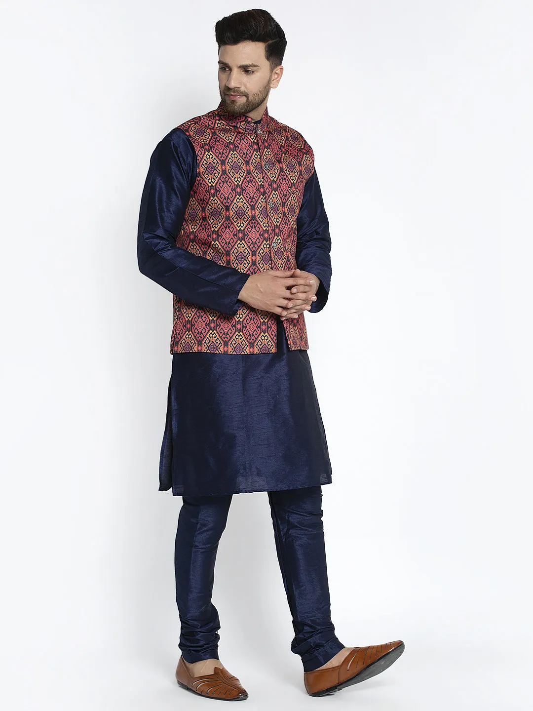 Men's Silk Blend Navy Blue Kurta With Pyjama & Rust Printed Nehru Jacket - Benstoke