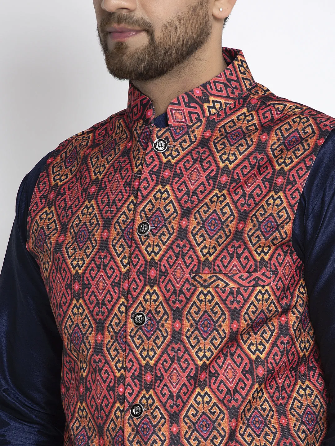 Men's Silk Blend Navy Blue Kurta With Pyjama & Rust Printed Nehru Jacket - Benstoke