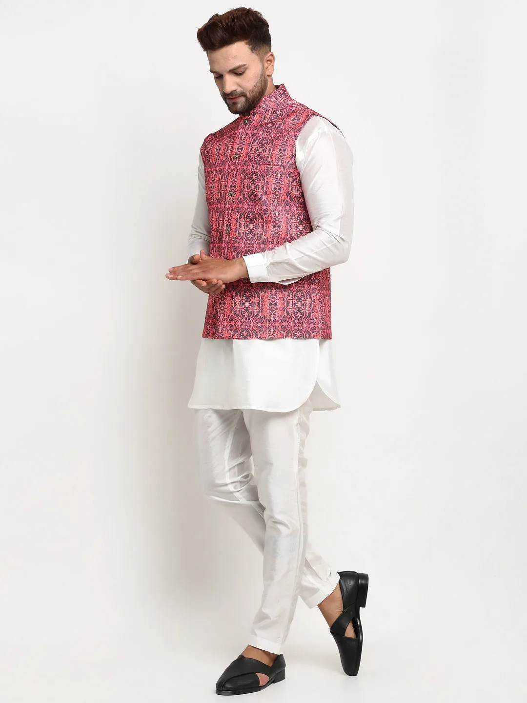 Men's Silk Blend White Kurta With Pyjama & Coral Red Printed Nehru Jacket - Benstoke