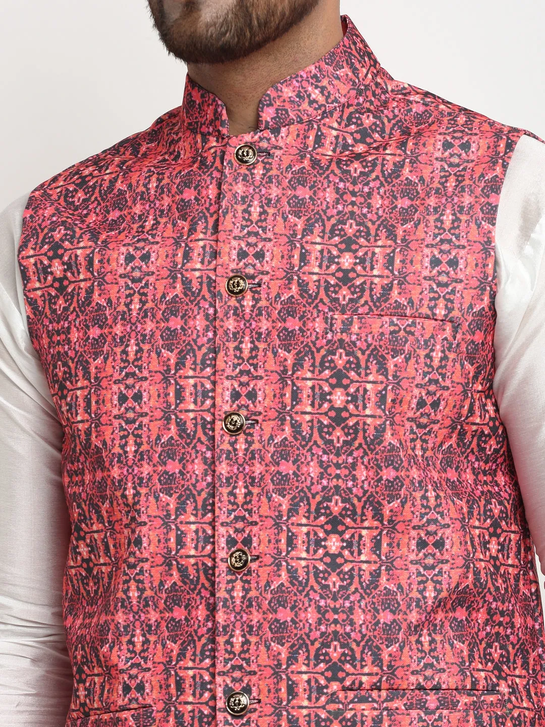 Men's Silk Blend White Kurta With Pyjama & Coral Red Printed Nehru Jacket - Benstoke