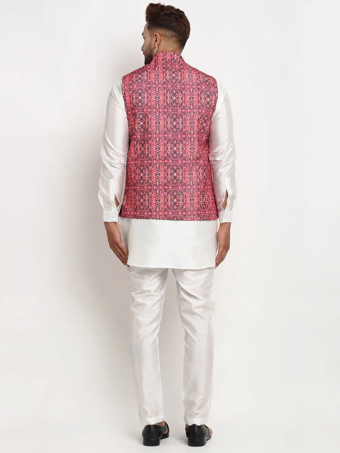 Men's Silk Blend White Kurta With Pyjama & Coral Red Printed Nehru Jacket - Benstoke