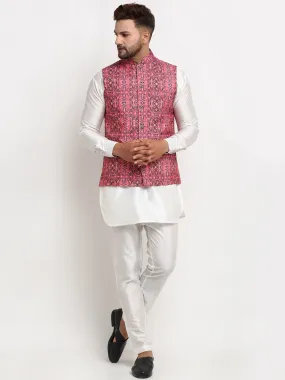 Men's Silk Blend White Kurta With Pyjama & Coral Red Printed Nehru Jacket - Benstoke