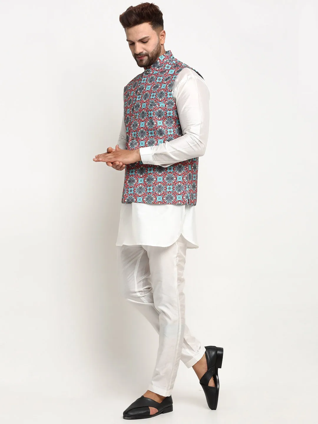 Men's Silk Blend White Kurta With Pyjama & Sky Blue Printed Nehru Jacket - Benstoke