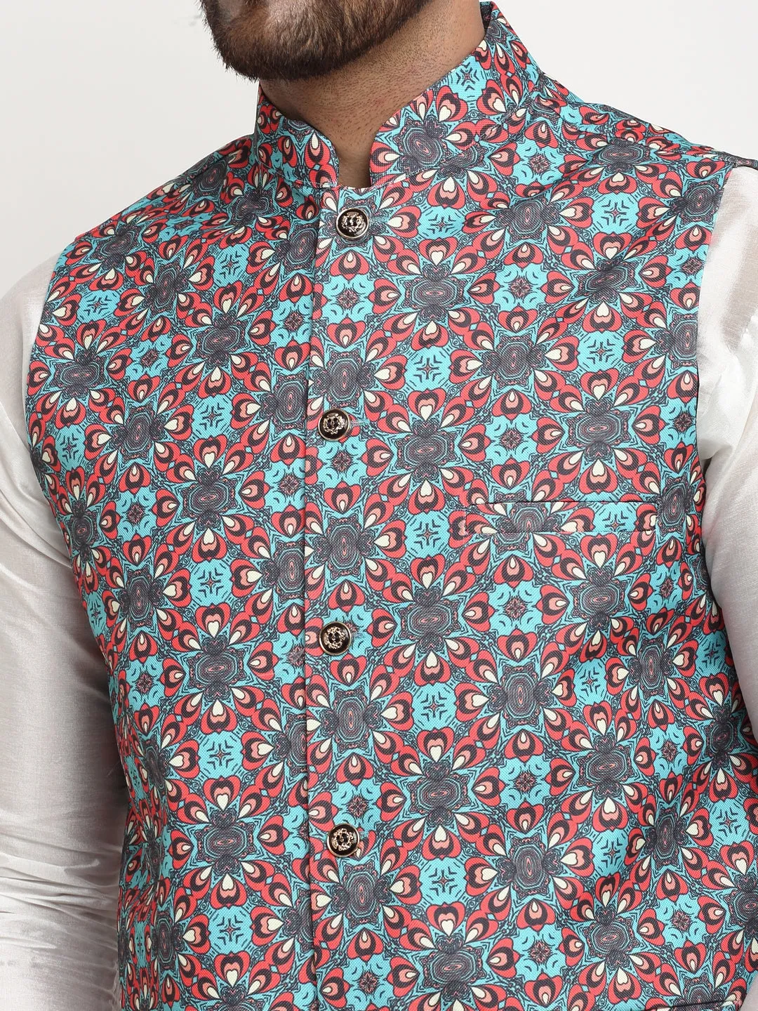 Men's Silk Blend White Kurta With Pyjama & Sky Blue Printed Nehru Jacket - Benstoke