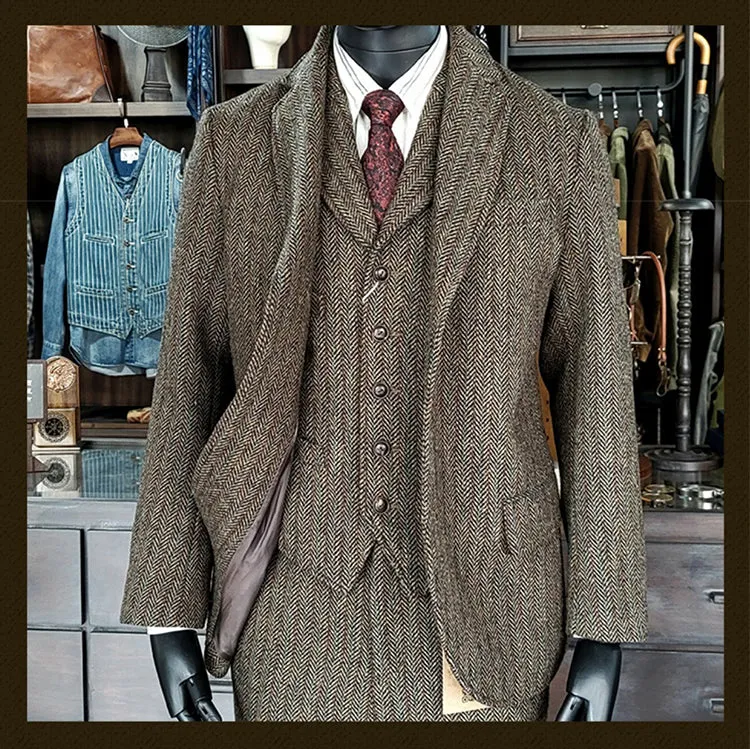 Men's Tweed Suit Notch Lapels Formal Style