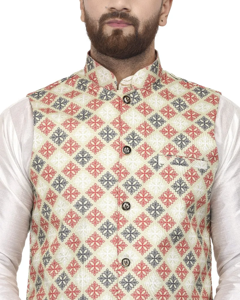 Men's White Kurta With Dhoti & Green Printed Nehru Jacket - Benstoke