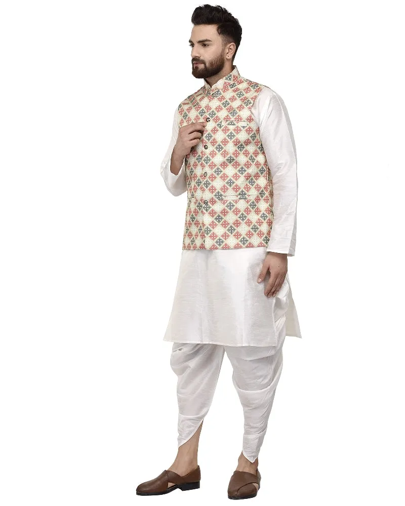 Men's White Kurta With Dhoti & Green Printed Nehru Jacket - Benstoke