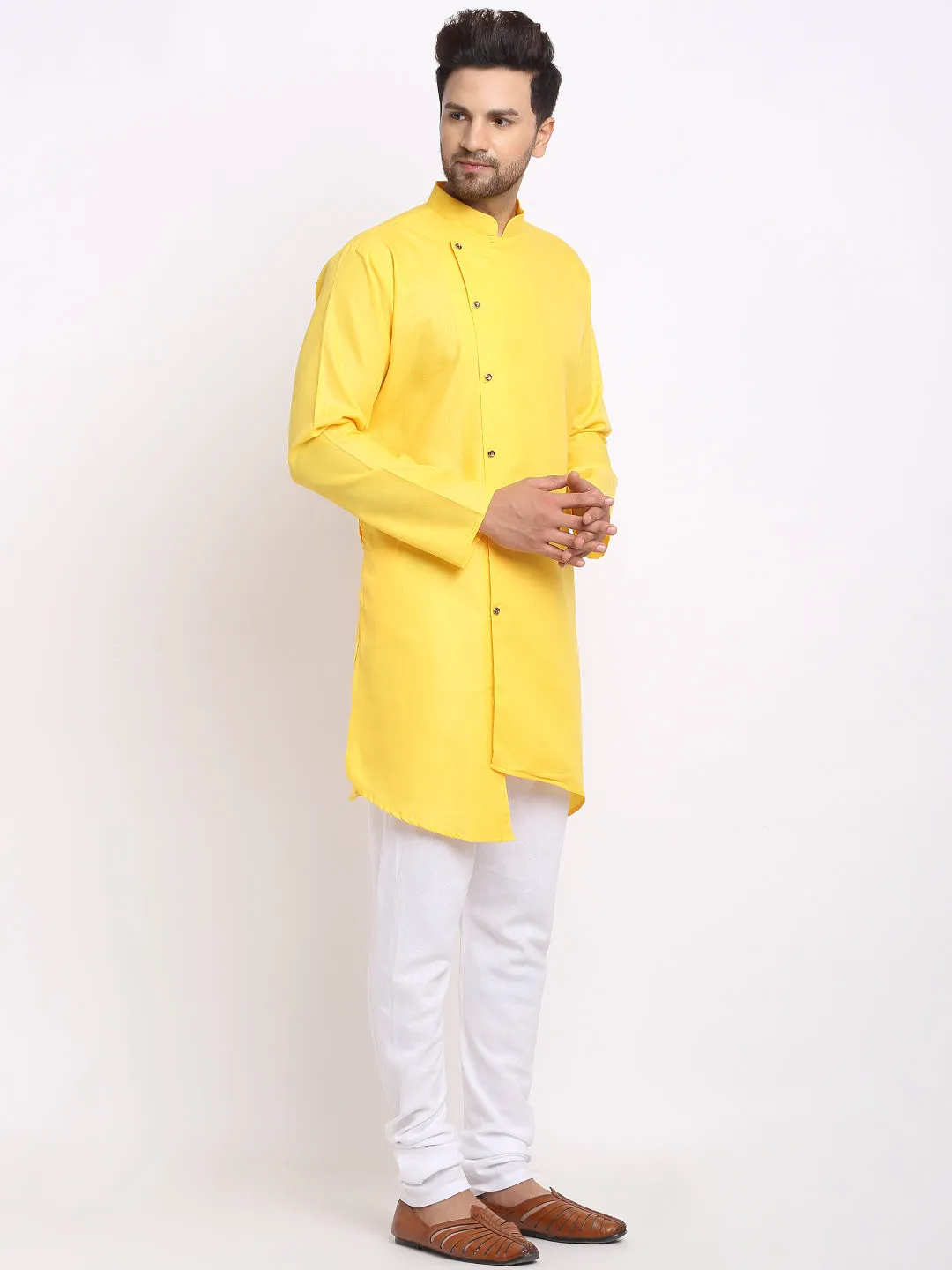 Men's Yellow Solid Angrakha Kurta With White Churidaar Pyjama - Benstoke