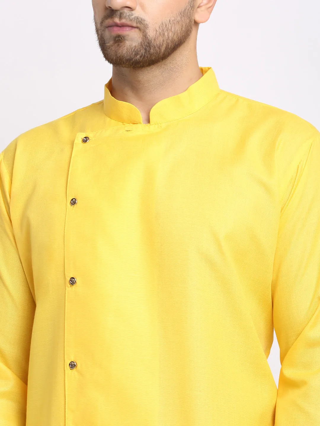 Men's Yellow Solid Angrakha Kurta With White Churidaar Pyjama - Benstoke