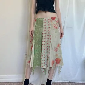 Metaversmall Vintage Grunge Fairycore Low Waist Midi Skirt Women Y2K Aesthetic Split Flowers Print Mesh Skirt Korean Asymmetrical