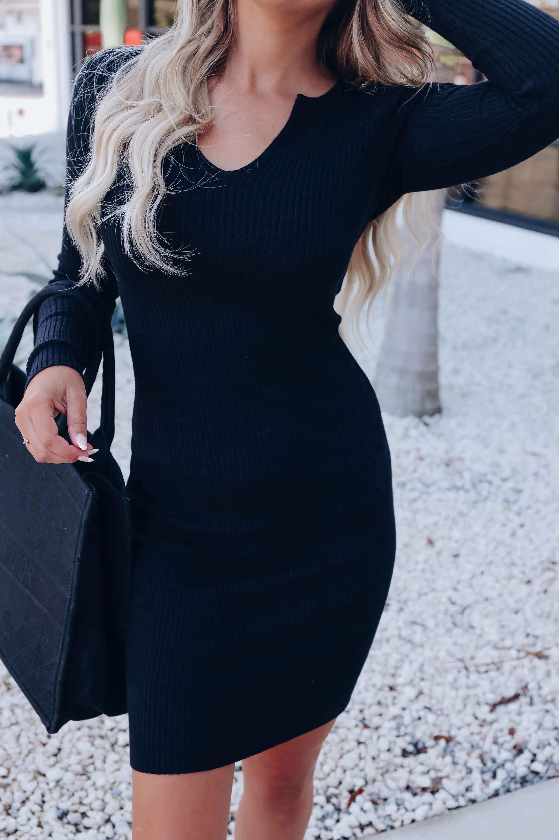 Midnight Hourglass Ribbed Dress - Black