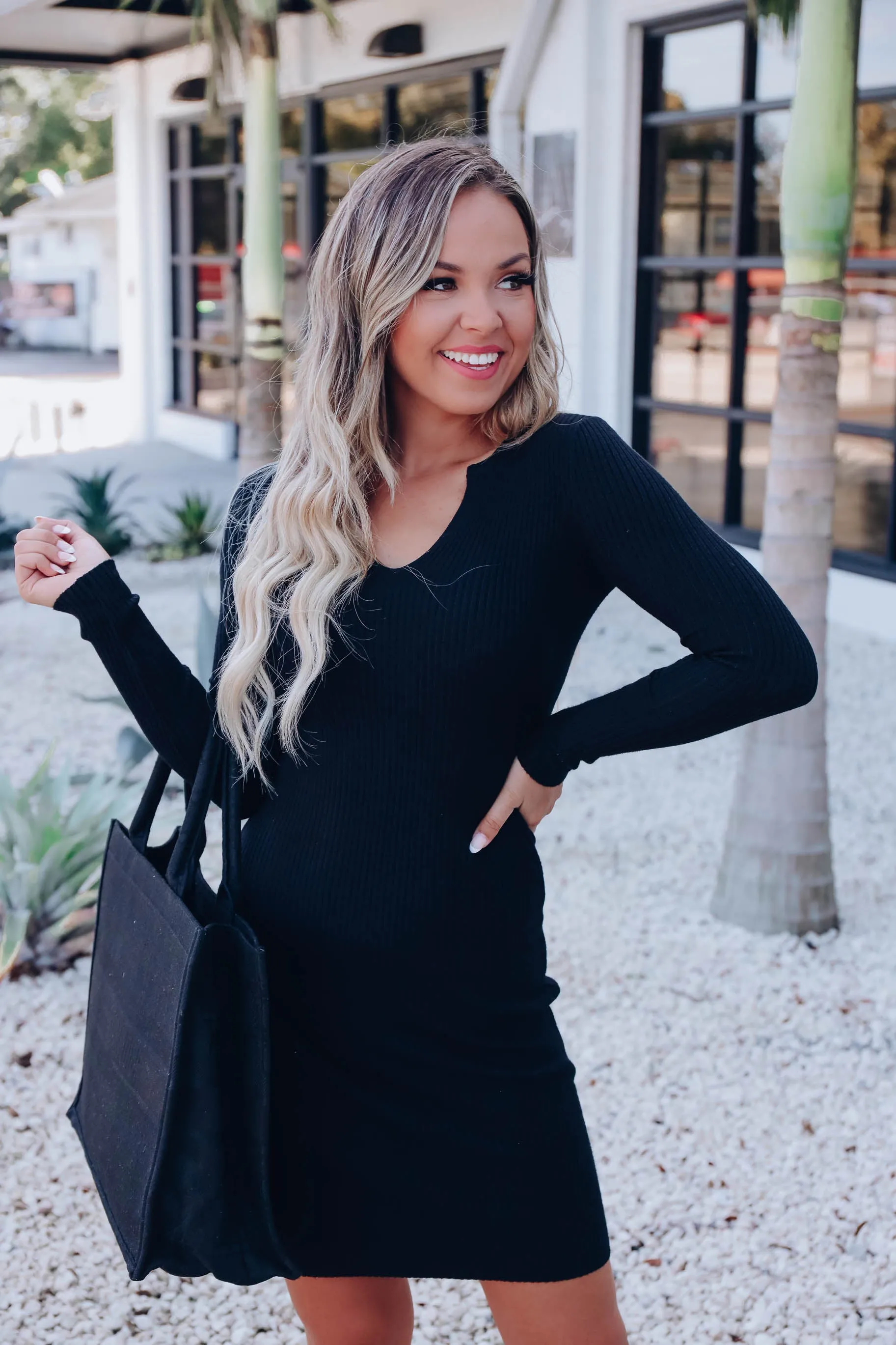 Midnight Hourglass Ribbed Dress - Black