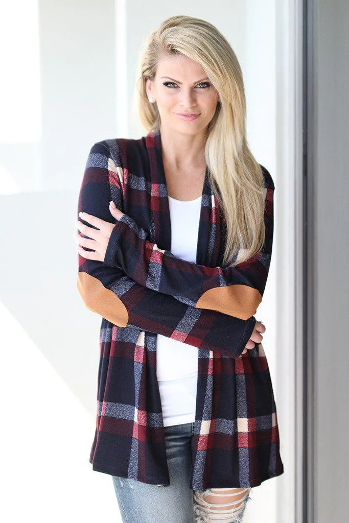 Navy and Burgundy Plaid Cardigan with Elbow Patches