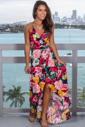 Navy and Fuchsia Floral Wrap Dress