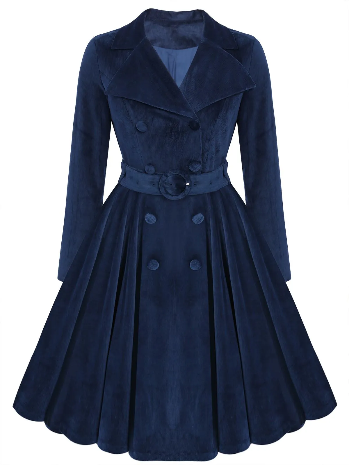 Navy Blue 1950s Velvet Long Coat