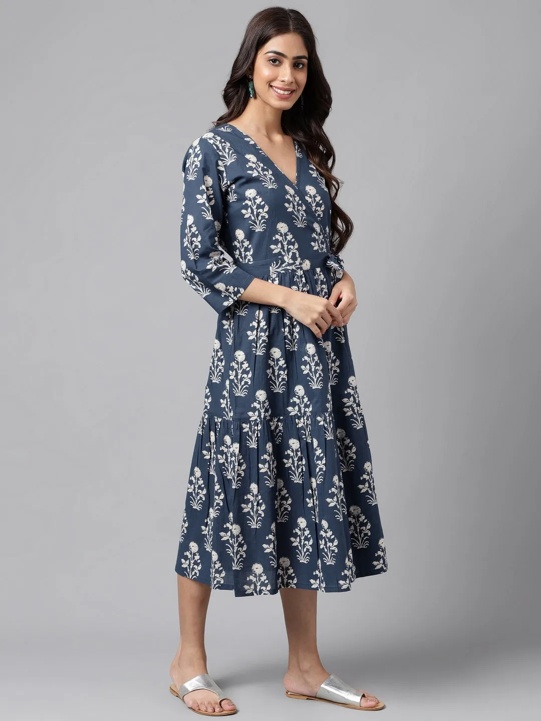 Navy Blue Cotton Floral Printed Wrap Dress