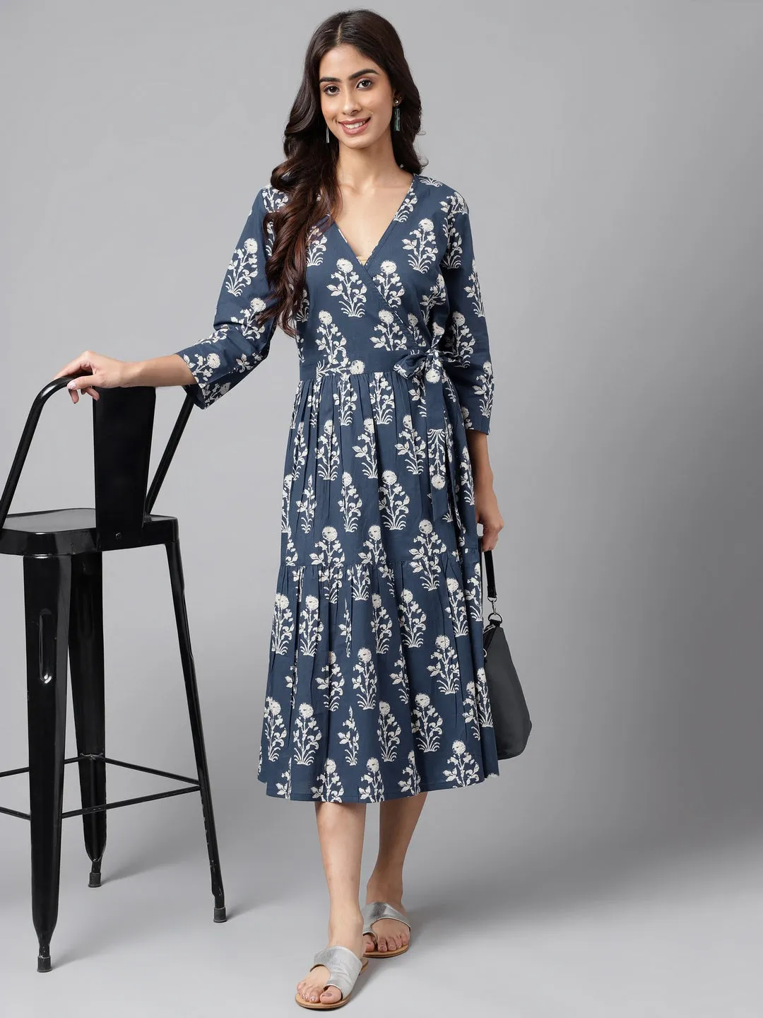 Navy Blue Cotton Floral Printed Wrap Dress