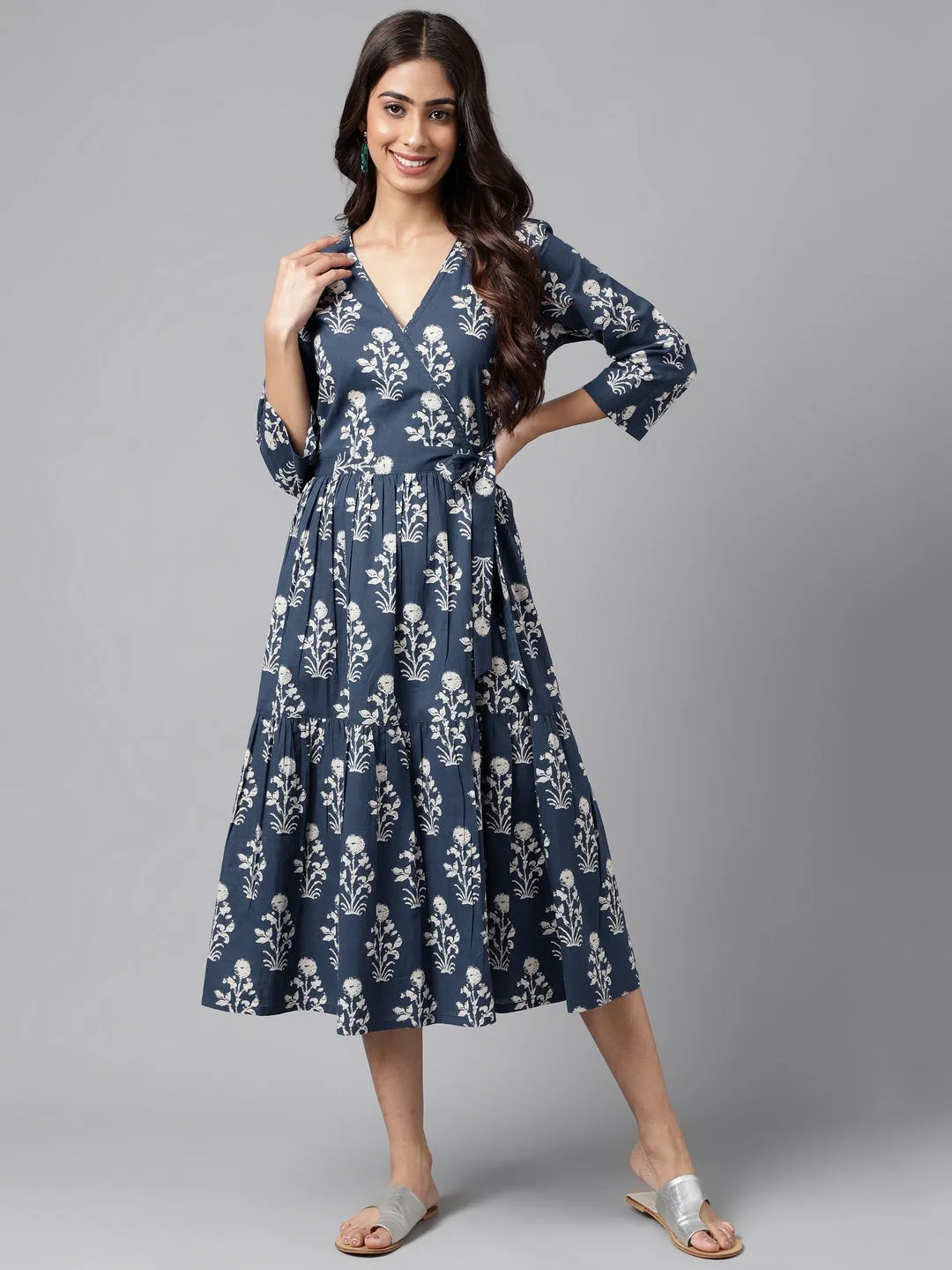 Navy Blue Cotton Floral Printed Wrap Dress