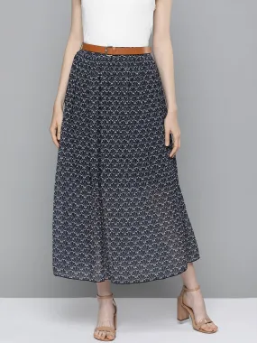 Navy Floral Geo Print Belted Skirt