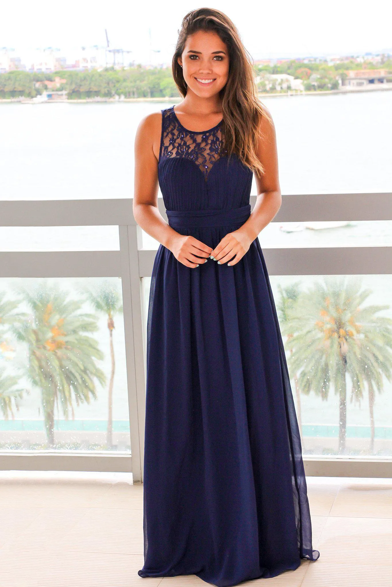 Navy Maxi Dress with Pleated Lace Top