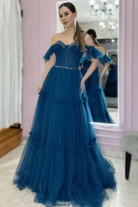 Off Shoulder Beaded Blue Tulle Long Prom Dress, Off the Shoulder Blue Formal Dress, Blue Evening Dress with Belt A1954