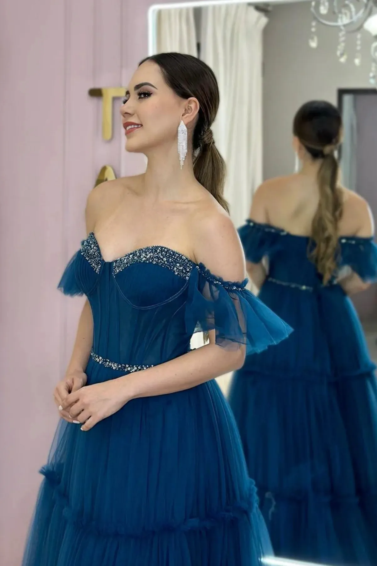 Off Shoulder Beaded Blue Tulle Long Prom Dress, Off the Shoulder Blue Formal Dress, Blue Evening Dress with Belt A1954