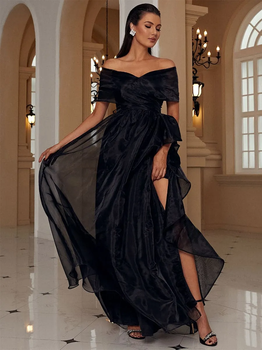 Off Shoulder Maxi Tulle Black Evening Dresses WY52