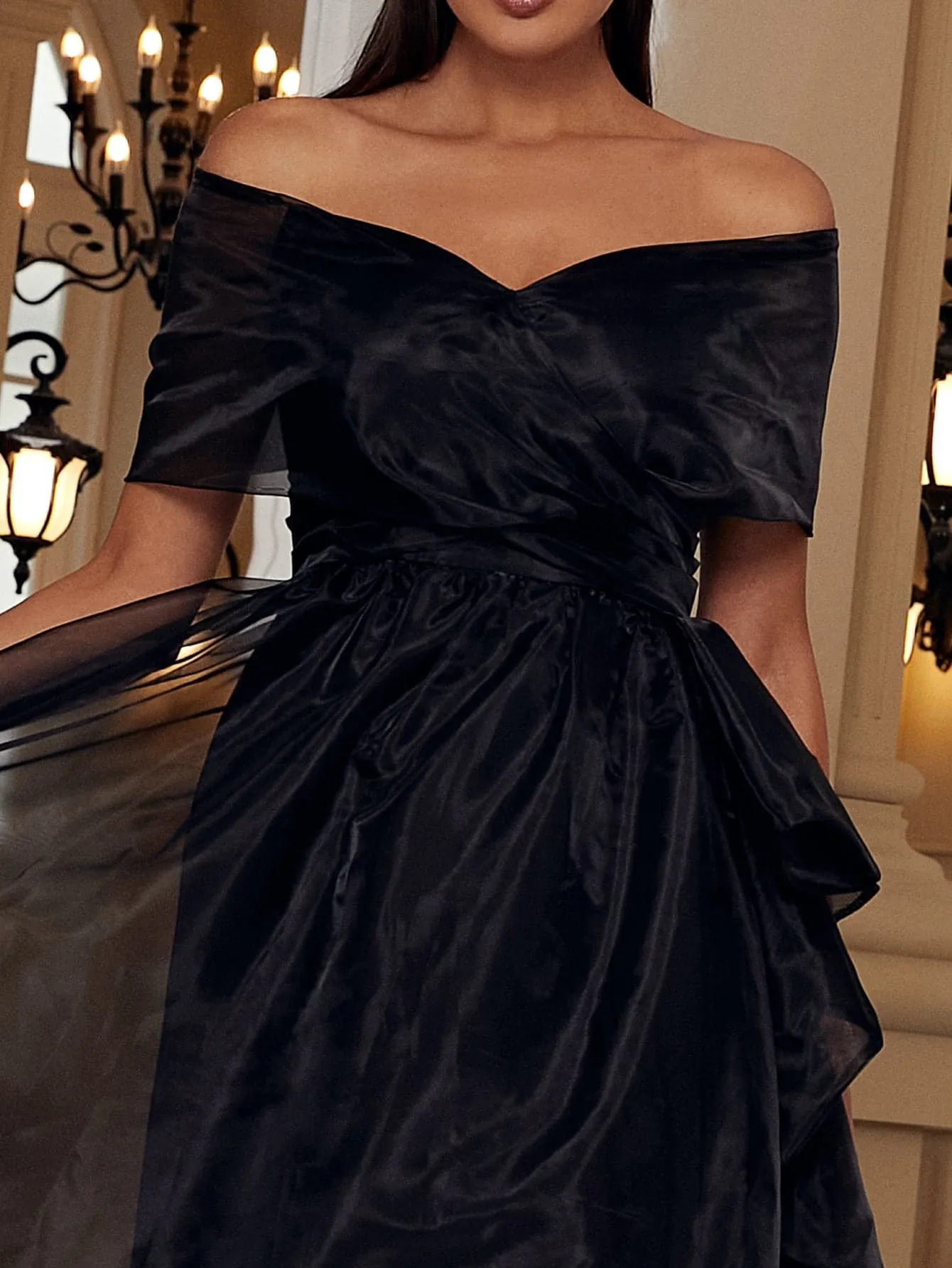 Off Shoulder Maxi Tulle Black Evening Dresses WY52