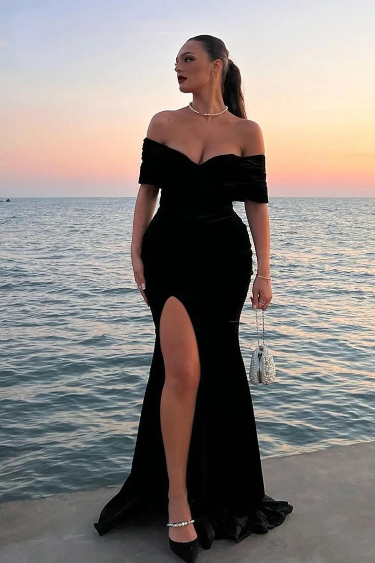 Off Shoulder Mermaid Black Long Prom Dresses with High Slit, Mermaid Black Formal Dresses, Black Velvet Evening Dresses A1876