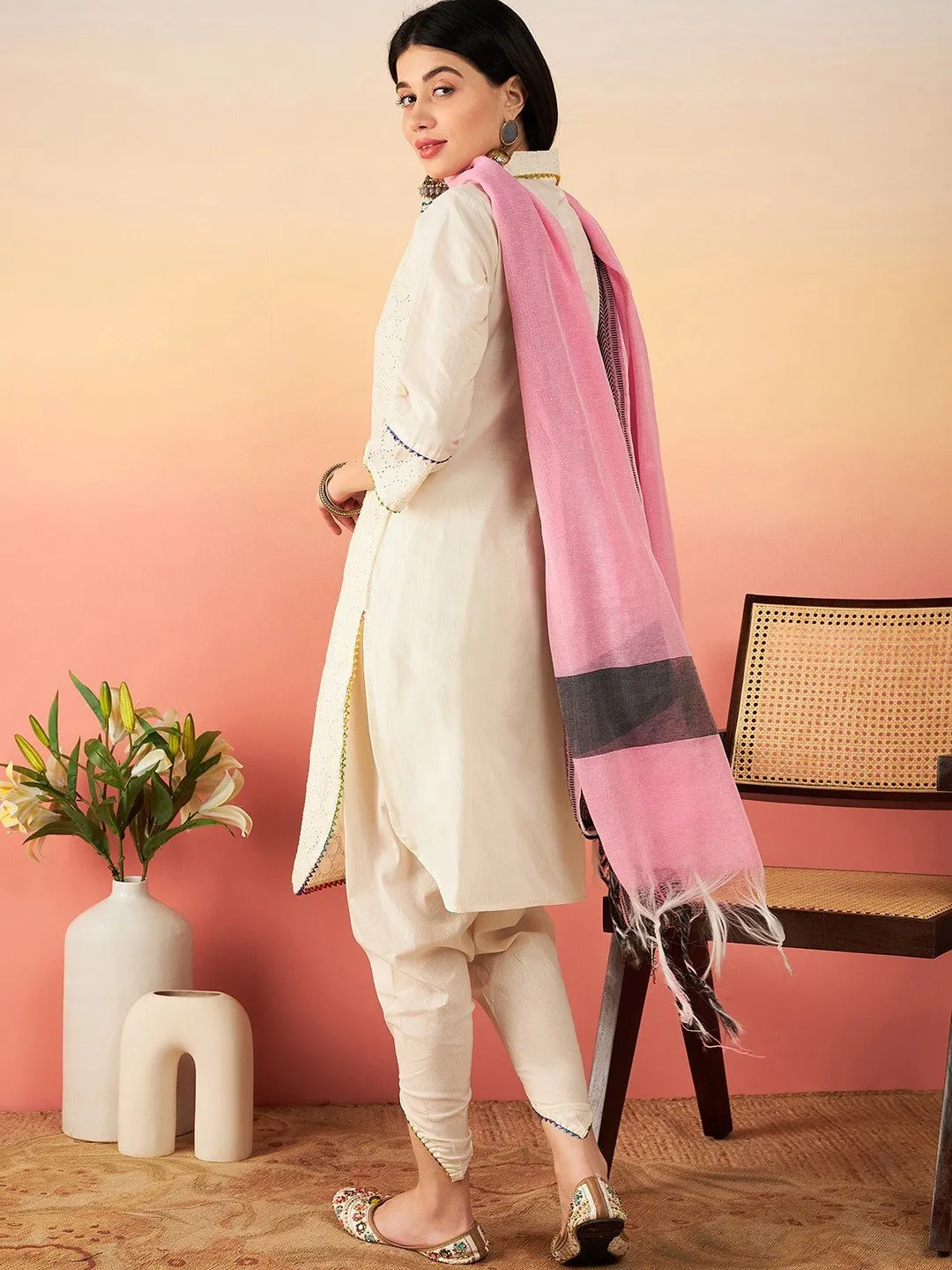 Off White Ethnic Motifs Self Design Thread Work Pure Cotton Pathani Kurta Set with Pink Dupatta