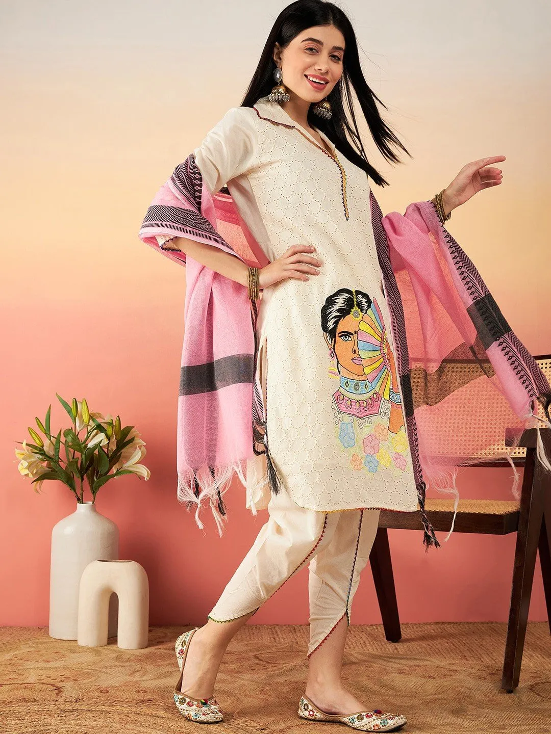 Off White Ethnic Motifs Self Design Thread Work Pure Cotton Pathani Kurta Set with Pink Dupatta