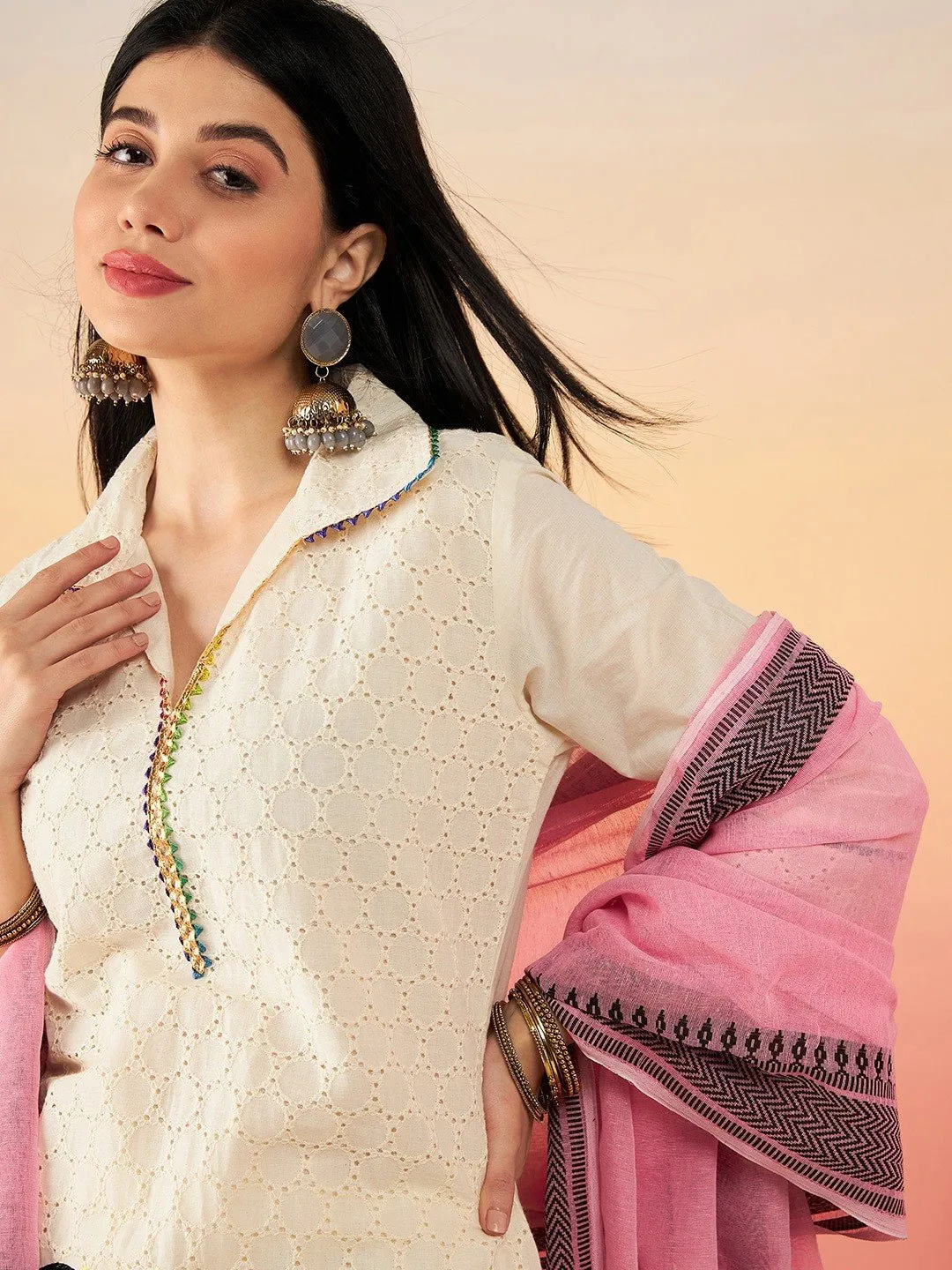 Off White Ethnic Motifs Self Design Thread Work Pure Cotton Pathani Kurta Set with Pink Dupatta