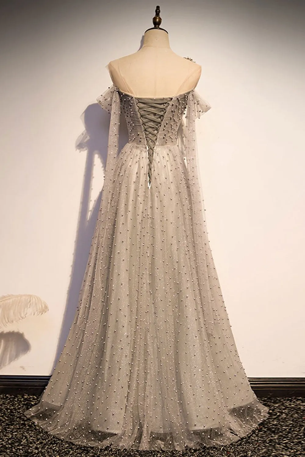 One Shoulder Gray Long Prom with Beads, Long Grey Formal, Gray Beaded Evening