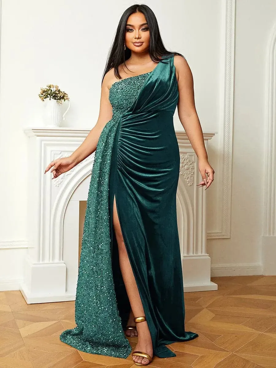 One Shoulder Sequin Panel Split Thigh Prom Dress XH2356