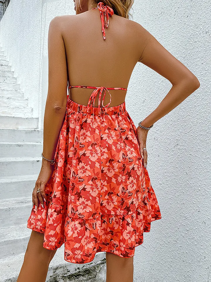 Orange Floral Backless Resort Dress