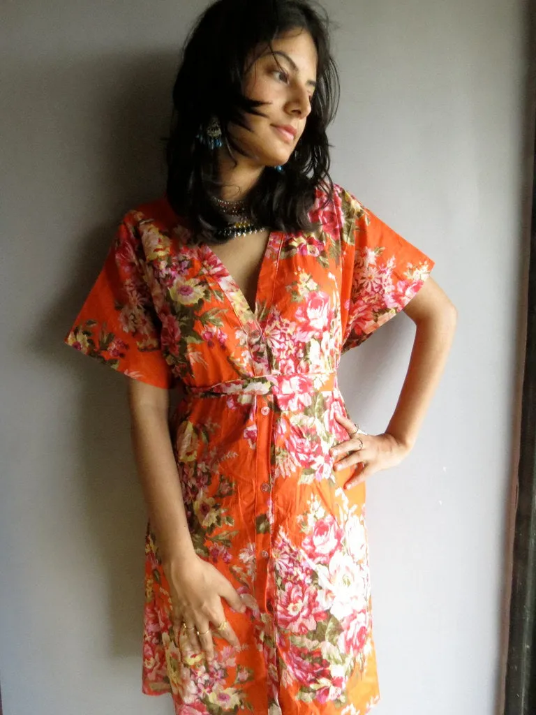 Orange Floral V-Neck Button Down to Waist, Knee Length, Cinched Waist Caftan