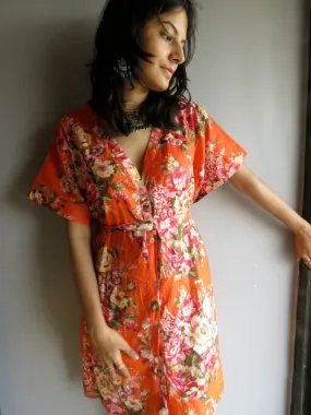 Orange Floral V-Neck Button Down to Waist, Knee Length, Cinched Waist Caftan