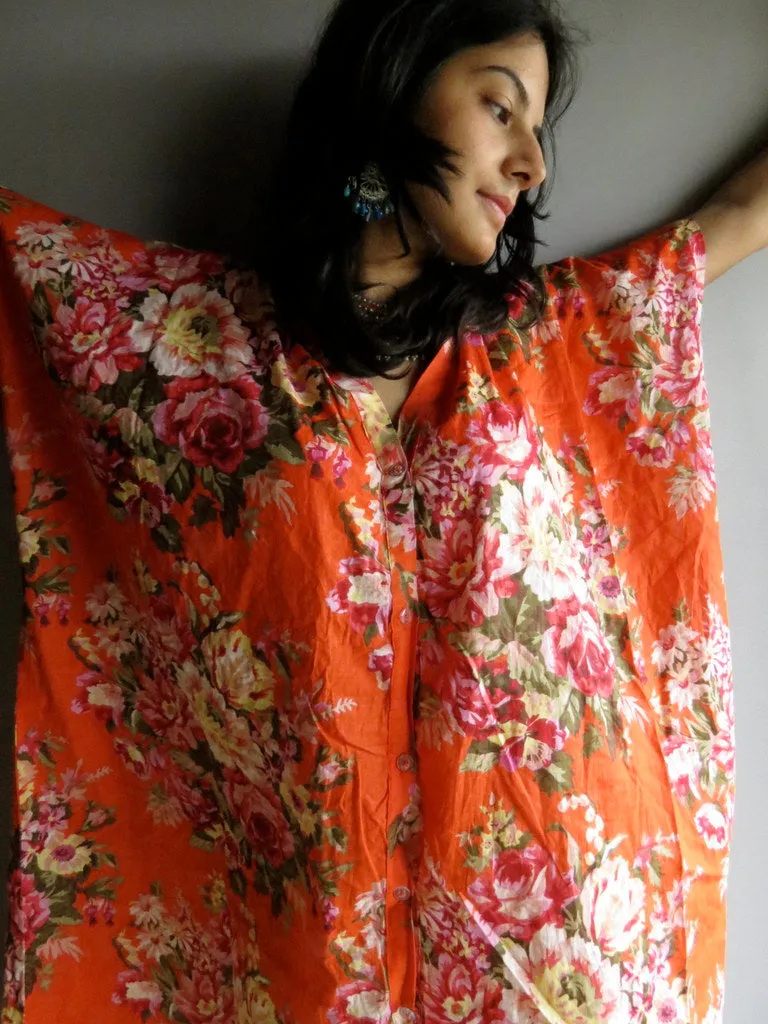 Orange Floral V-Neck Button Down to Waist, Knee Length, Cinched Waist Caftan