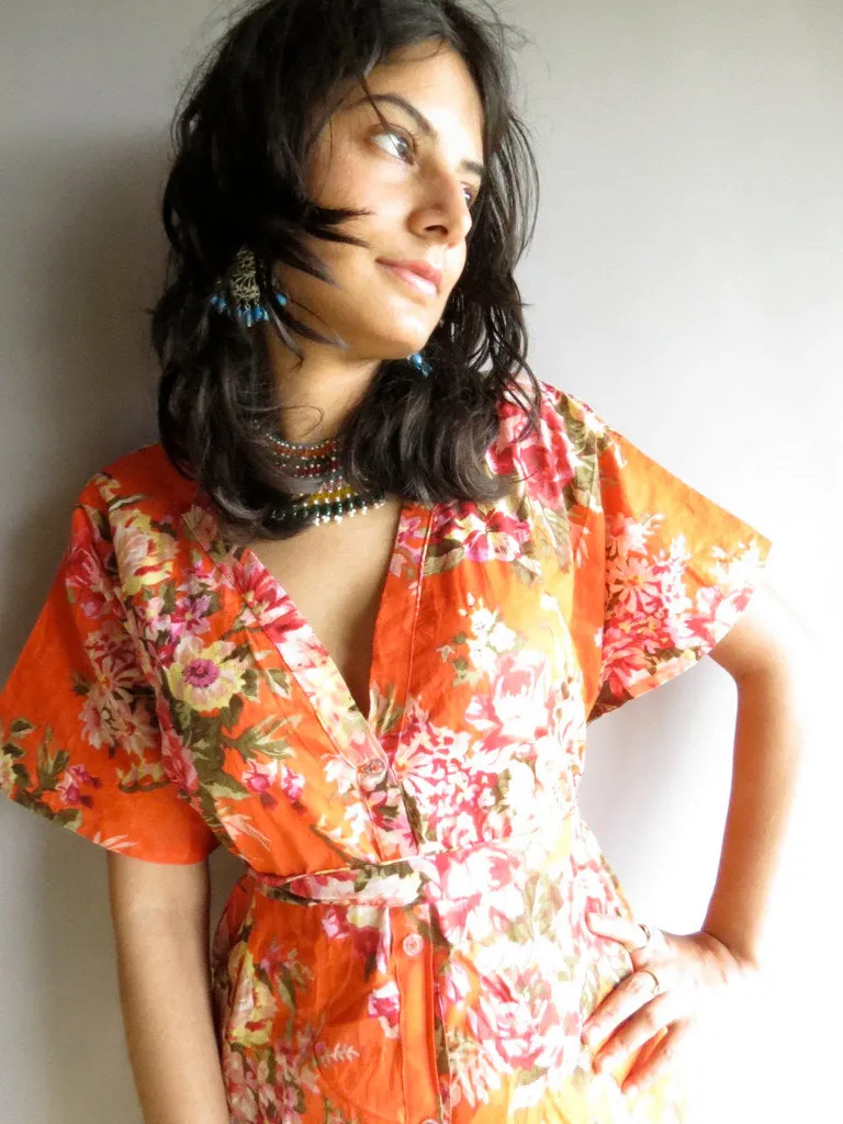 Orange Floral V-Neck Button Down to Waist, Knee Length, Cinched Waist Caftan