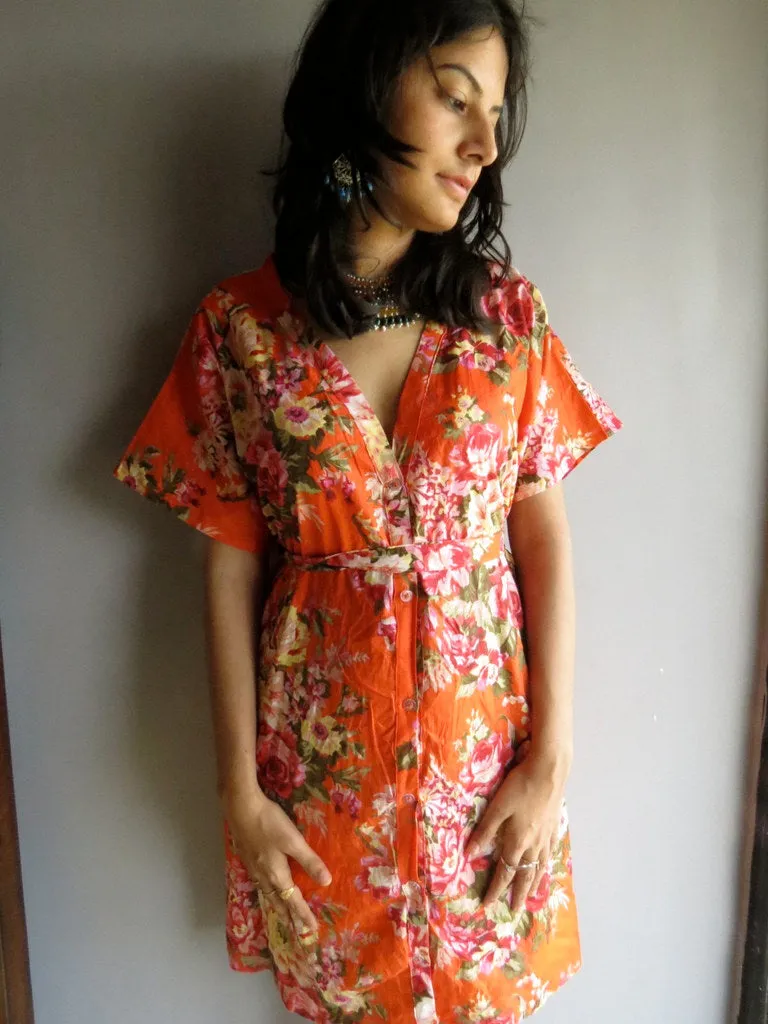 Orange Floral V-Neck Button Down to Waist, Knee Length, Cinched Waist Caftan